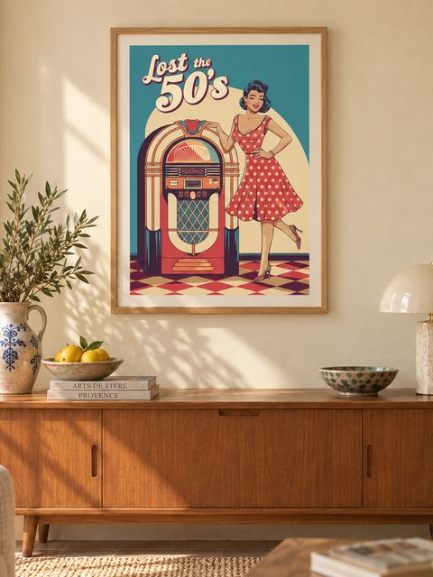 Affiche femme vintage accrochée dans un intérieur